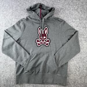 Psycho Bunny Hoodie Mens Medium Gray Bunny Skull Logo Graphic Pullover Fleece